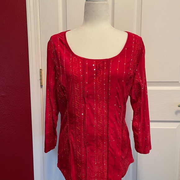 Dressbarn Red Sequin 3/4 Sleeve Blouse - Picture 1 of 10